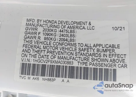 2021 Honda Accord Touring from USA, damaged, VIN 1HGCV2F9XMA030883
